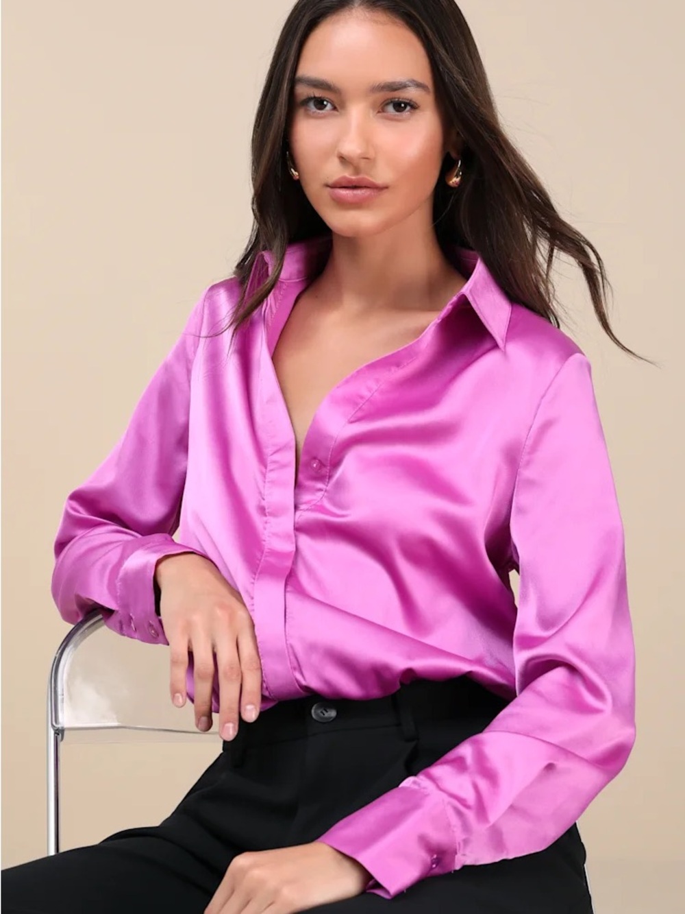 Lulus Luxe Stance Bright Purple Satin Button-Up Bodysuit
